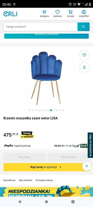 Krzesło muszelka, złote nogi