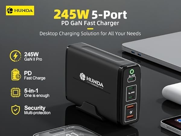Зарядний пристрій HUNDA 245 Вт USB C GaN