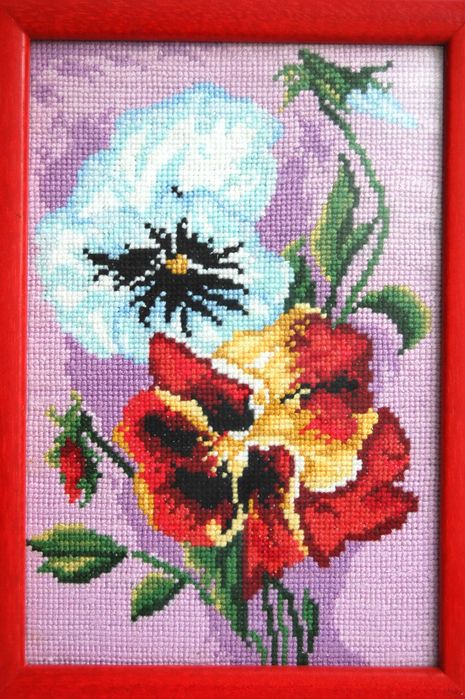 Bratki, kwiaty, obraz haftowany, haft, rękodzieło.