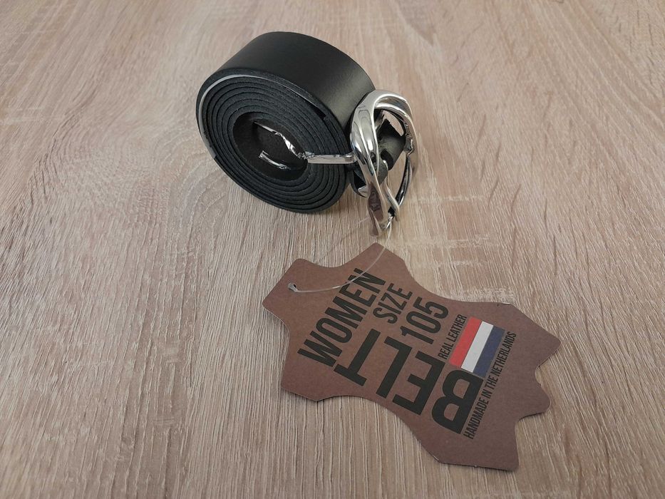 Skórzany pasek damski z Holandii, czarny_gładki_105 cm_ kl. srebrna