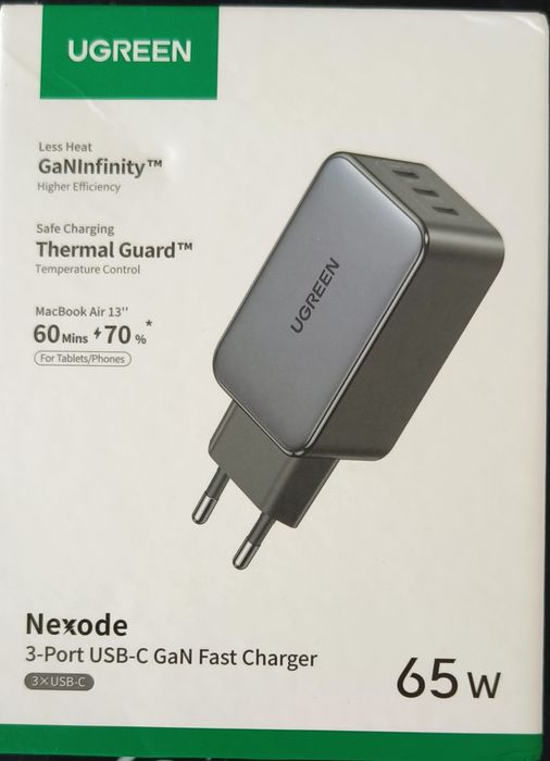 Зарядні Ugreen 30w ,45w, 65w 3 port Gan fast charger з кабелем