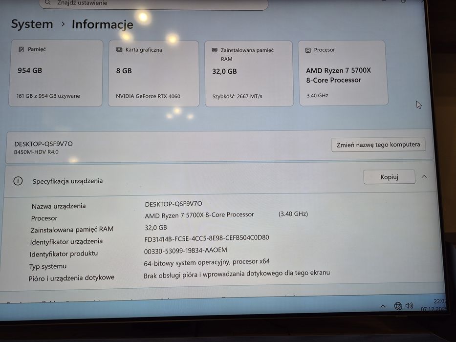 Komputer stacjonarny RGB Ryzen 7 5700X RTX 4060 32GB SSD 1TB WIFI W11