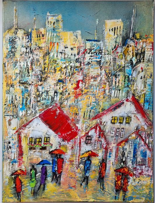 MIASTO obraz olejny 30x40 faktura farby RÓŻNE