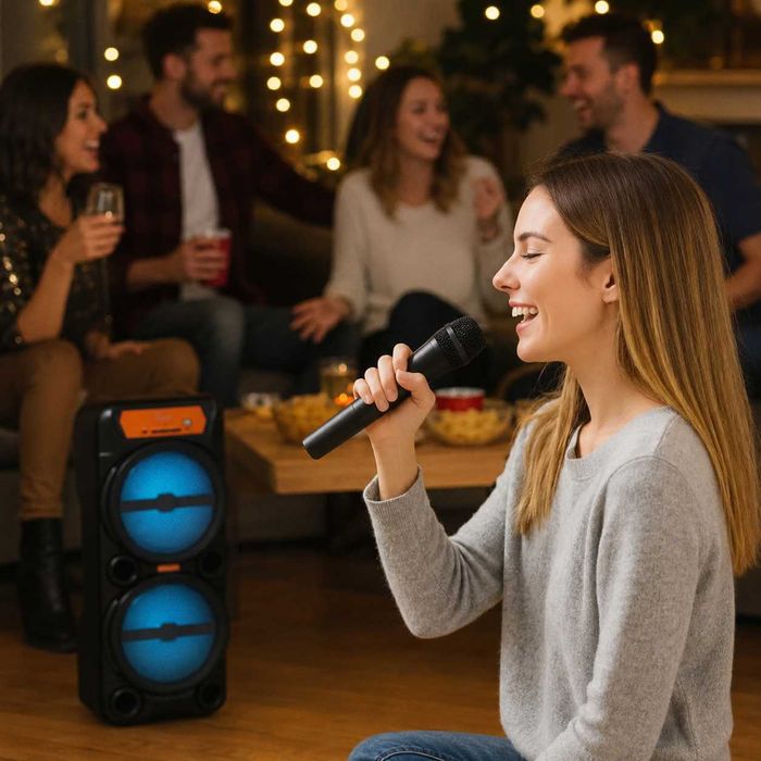 Портативна Bluetooth колонка для караоке 50Вт з бездротовим мікрофоном 2 динаміки 8" USB AUX FM RGB акустична система для дому та відпочинку