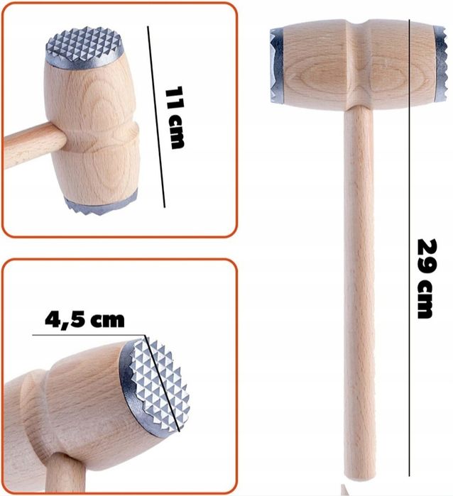 Drewniany tłuczek do mięsa młotek dwustronny okuty do kotletów 29 cm