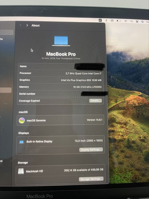 Apple MacBook Pro 2018, 13” Touchbar, Intel Quad-Core I7 2.7GHz, 16GB RAM, 512GB SSD