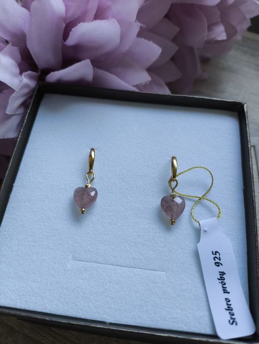 Kolczyki srebro 925 , serce,naturalny kwarc truskawkowy
