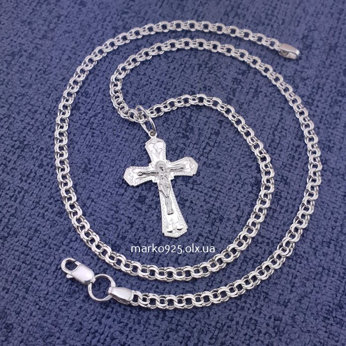 Жіноча срібна цепочка і хрестик. Ланцюжок на шию жіночий Бісмарк 925