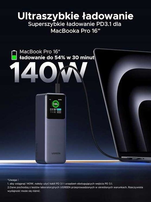 UGREEN Nexode Power Bank 25000mAh – USB-C PD 100W, wyświetlacz TFT, A- & B