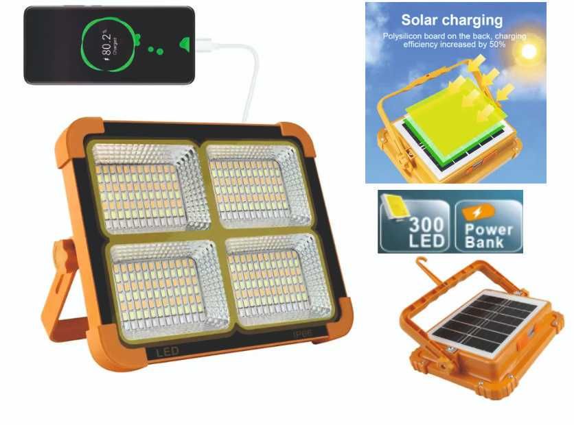 Фонарь-прожектор 2в1 Аккумуляторный с солнечной Панелью и повербанком