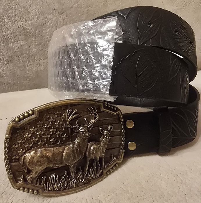 Skórzany pasek myśliwski dla Leśnika JELENIE BYKI 120cm. Czarny. Nowy.