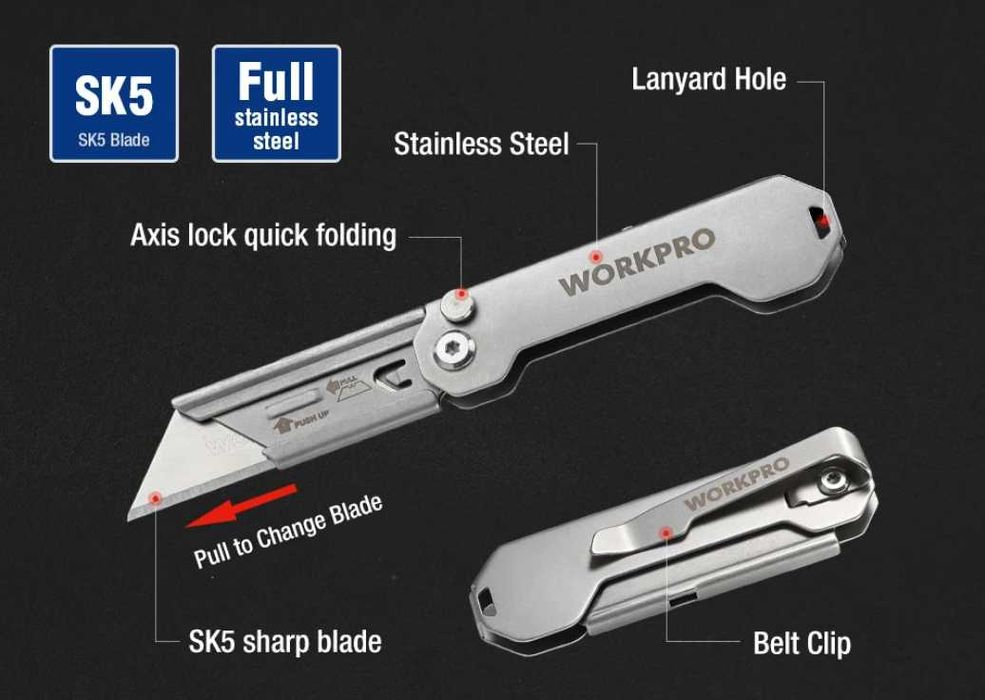 Строительный нож WORKPRO складной быстросменный карманный