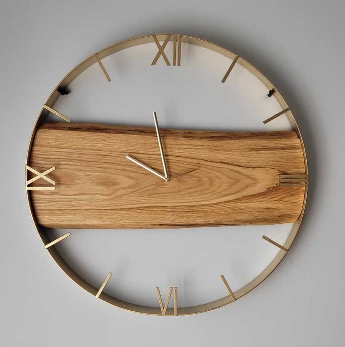 Złoty zegar ścienny 60cm naturalne drewno dębowe . Loft, Industrial, Rękodzieło Prezent