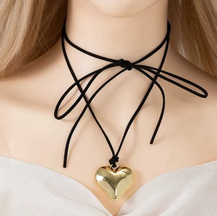 Шнурок чокер на шию із золотим/срібним сердечком (велике та маленьке)7