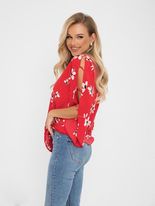 Красная блуза с разрезами на руках / кофта с цветами / красивая блуза