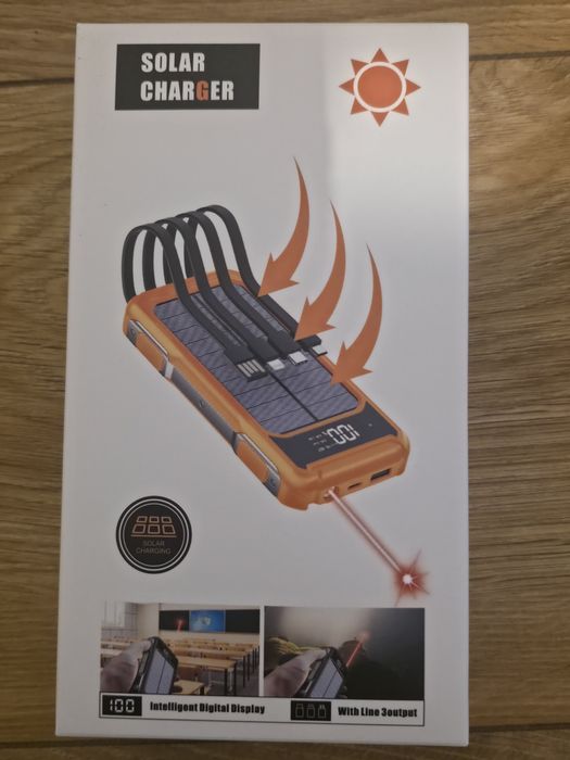 Powerbank Solarny 20000mAh 4 kable usb C, usb A, iphone, micro usb