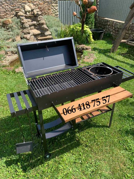 Посилений мангал 5 мм на колесах з дровницею та термометром
