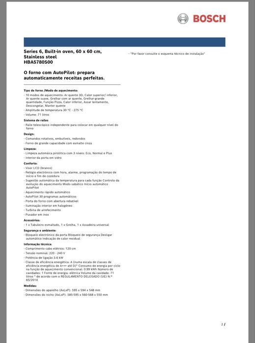Forno Bosch Série 6 HBA5780S00 – Pirolítico – Excelente Estado