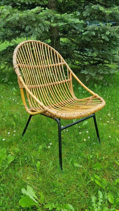 2x fotel rattanowy stolik l 60 Mid Century Design Czechosłowacja PRL