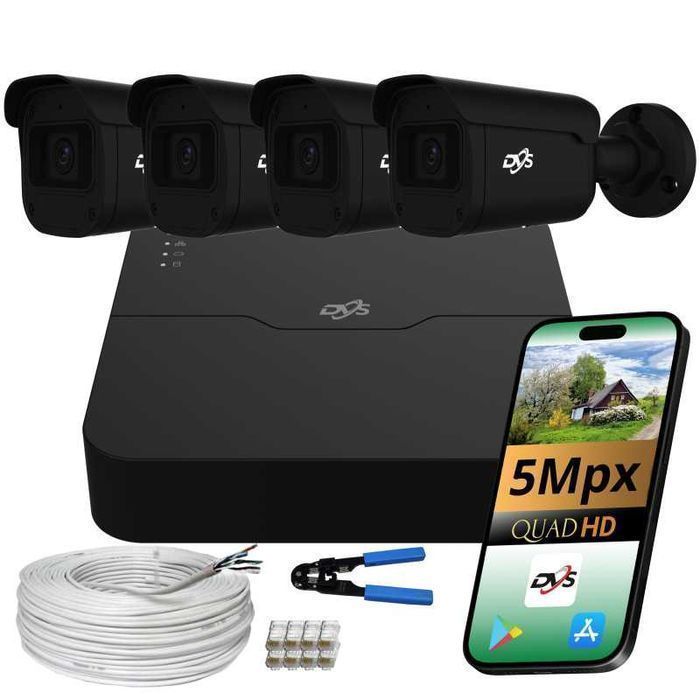 Monitoring IP PoE 5Mpx 4 czarne kamery mikrofon AI dom firma parking