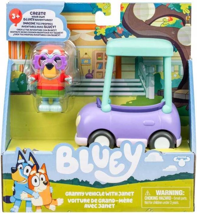Bluey zestaw mały samochód Babuni i figurka Janiny auto Moose Toys pojazd