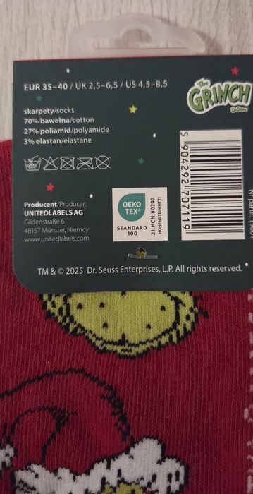 Skarpety NOWE grinch, rozmiar 35-40/ UK 2,5-6,5/ US 4,5-8,5