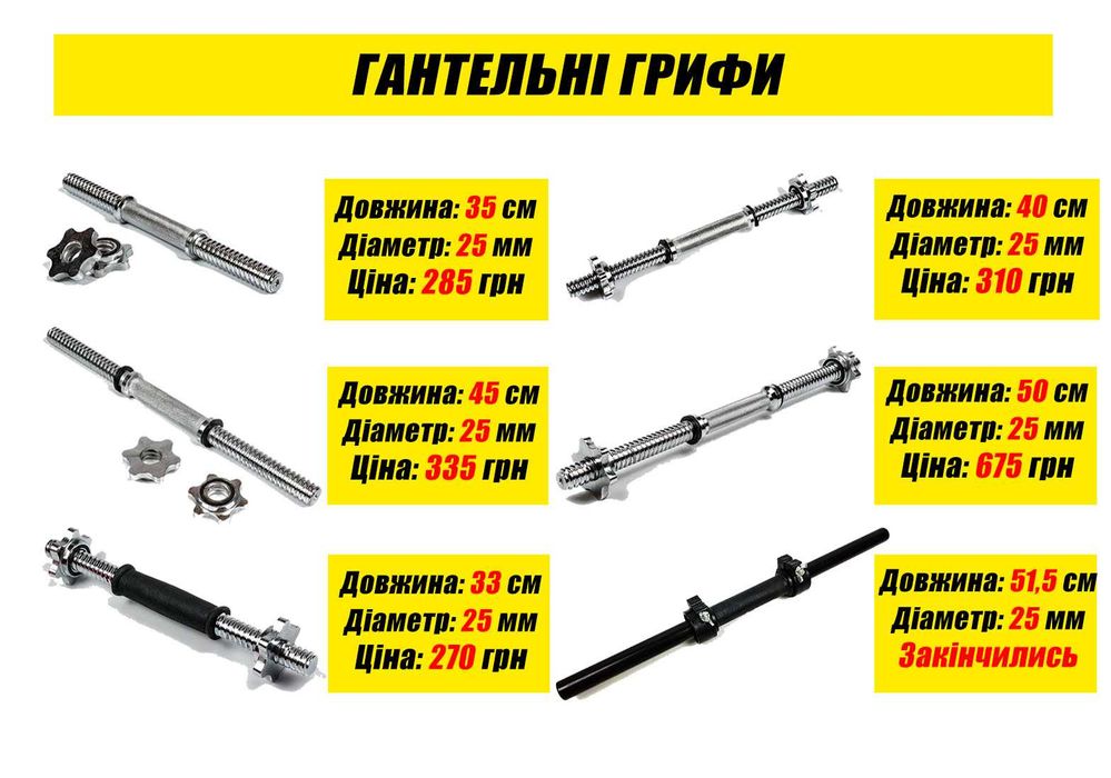 Гриф для гантелі 35-40-45-50 см (діаметр під гантельний диск 25 мм)