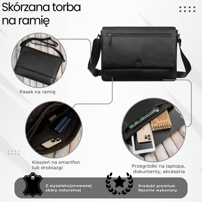 torba męska skórzana na ramię na laptopa czarna paolo peruzzi im-03-bl