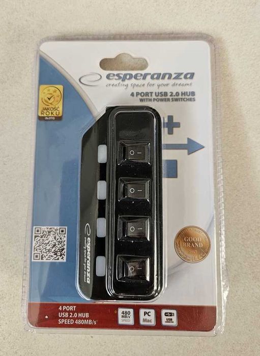 Hub USB 2.0 Esperanza EA127 4 Porty z wyłącznikami i diodami