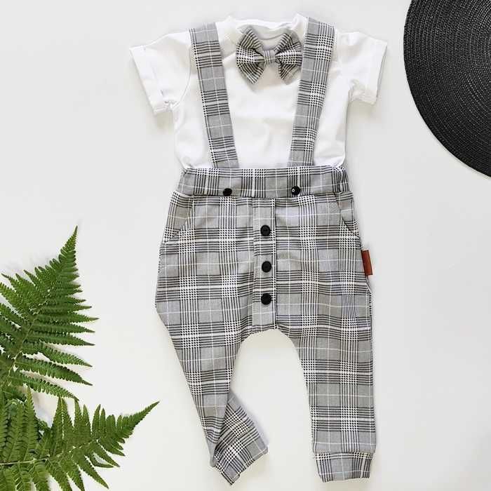 Elegancki KOMPLET zestaw szara krata, krótki rękaw chrzest roczek 74