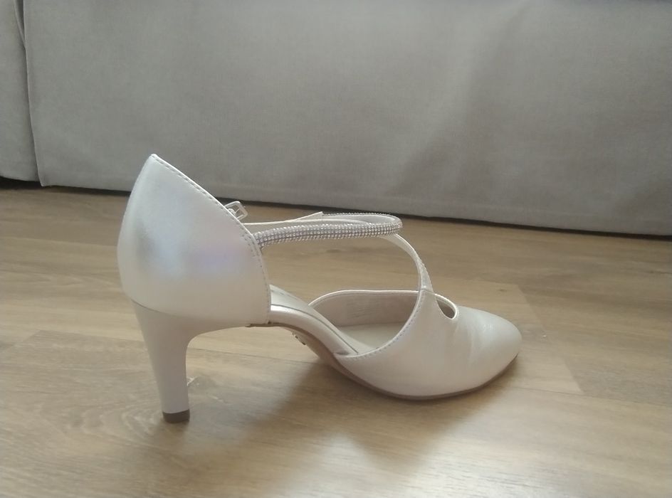 Buty ślubne r. 38 białe perłowe, Tamaris stabilna szpilka
