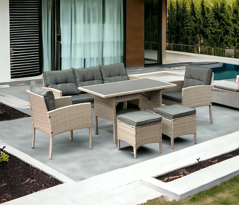 Meble Technorattanowe Ogrodowe 7-osobowy Zestaw Tarasowy Ogrodowy