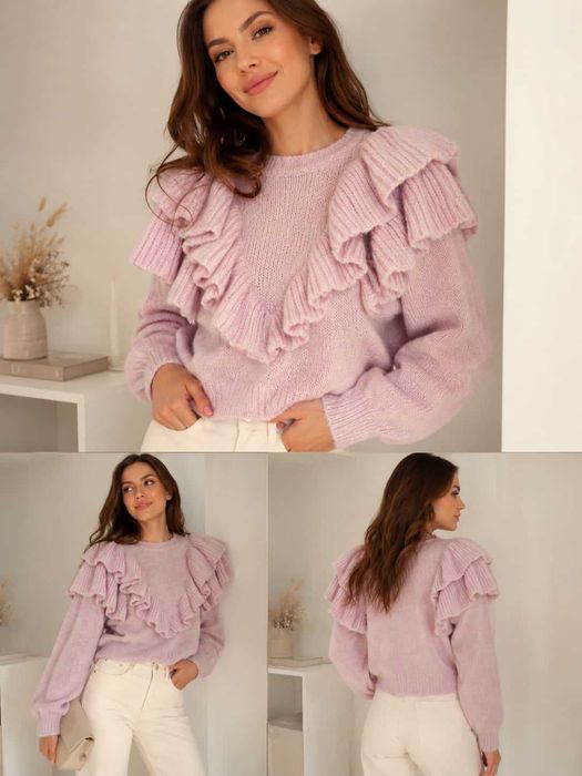 Sweter ZARA liliowy falbanki r. 36