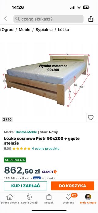Łóżko sosnowe 90x200 gęsty stelaż