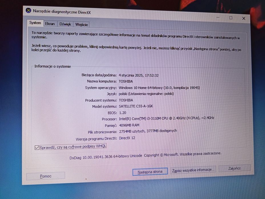 Laptop Toshiba satellite c55 core i3 4GB RAM 750GB Dysk