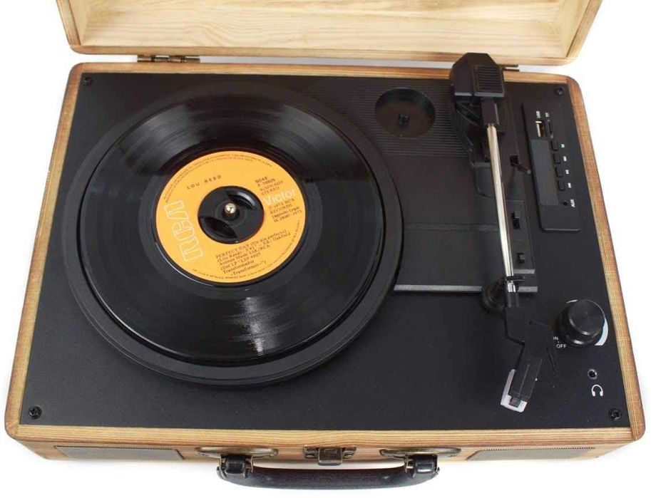 Gira discos mala em madeira Bluetooth e USB Giradiscos