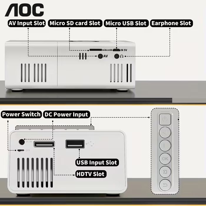 Projetor AOC LED HD com ligação ao telemóvel – até 80”