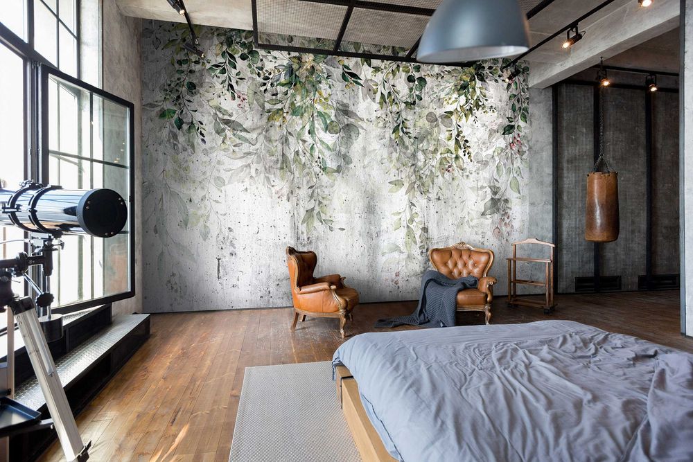 Fototapeta Imitacja Ściany Liście Beton 3D Na Twój Rozmiar + KLEJ