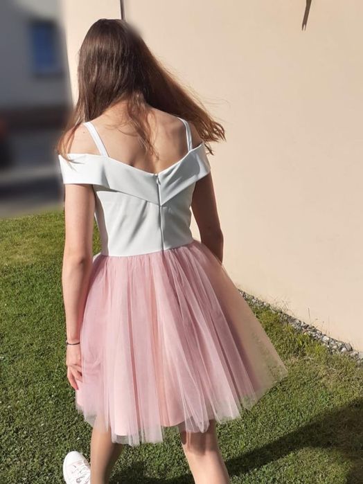 Sukienka studniówka szyfon S 36 Lacoria elegancka wesele biała brudny