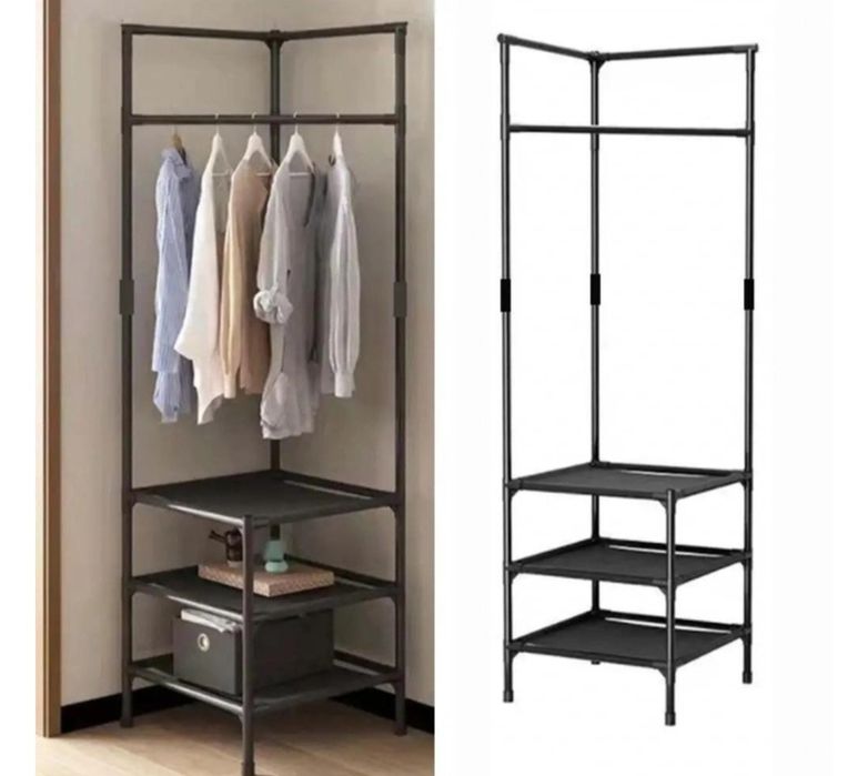 Напольная угловая стойка вешалка для одежды и обуви