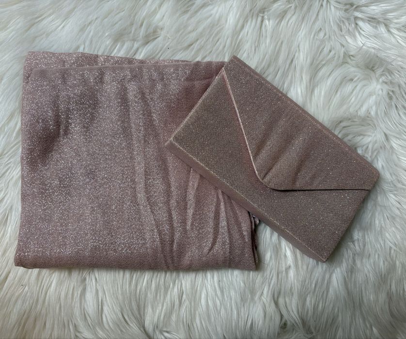 Zestaw torebka kopertówka i szal do sukni pudrowy róż ze srebrną nicią