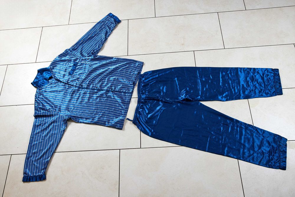 męska piżama z satyny w paski niebieskie granatowe szare 52/54