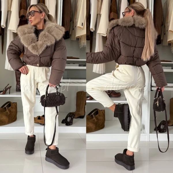 Kurtka pikowana z futerkiem czekoladowa jesień Varlesca chicaca S L