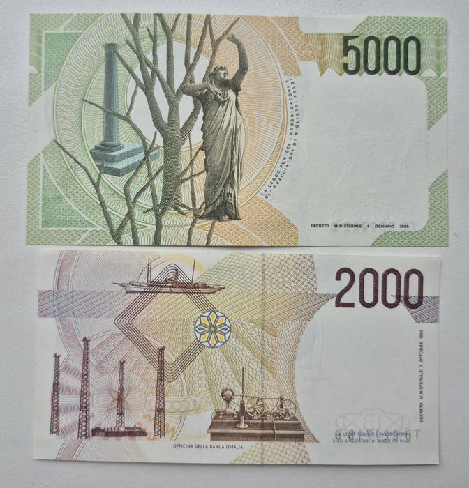 Італія 2000 лір 1973 та 1990 р. 5000 лір 1985 р. 3 банкноти UNC