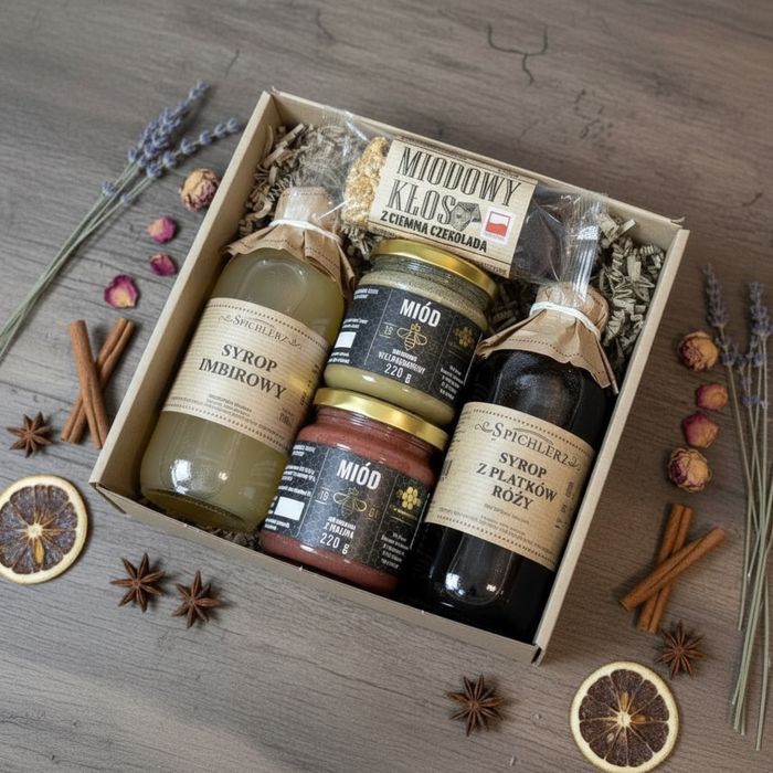 Duży zestaw prezentowy miód, syrop, baton na Walentynki