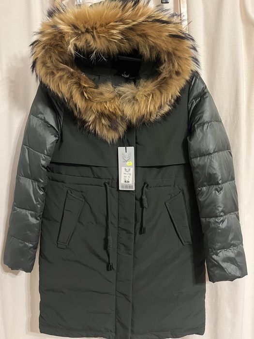 Жіноча довга куртка-пальто темно-зеленого кольору з хутром,Кітай,48/5