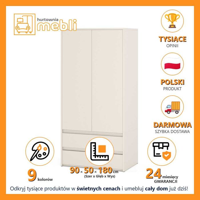 Szafa Nowoczesna Hugo 90cm Garderoba Dwudrzwiowa 2 Szuflady Sypialnia