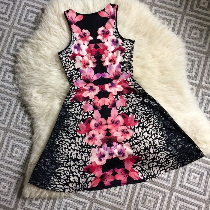 H&M sukienka czarna różowa kolorowa rozkloszowana letnia y2k XS 34