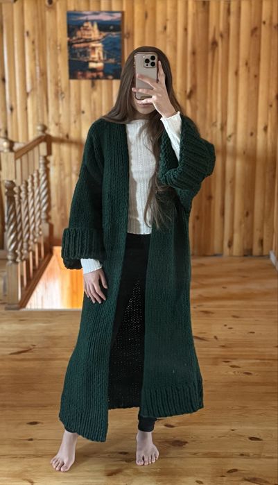 Кардиган із шерсті XS–S Handmade | Теплий ізумрудний, оверсайз