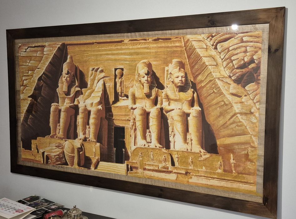 Egipski obraz Abu Simbel, oryginalny papirus z Egiptu w ramie.